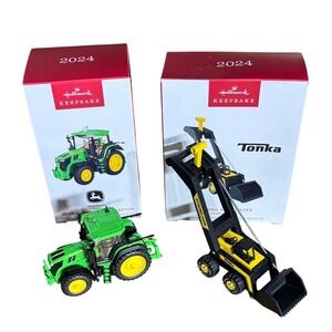 Hallmark 2024 Keepsake Ornaments: Tonka Loader & John Deere Green Tractor NIB